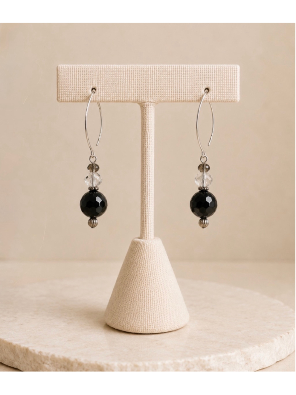 Black Faceted Bead & Crystal Drop Dangle Earrings Silver Tone Hook Boho Handmade